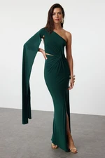 Trendyol Emerald Green Fitted One Sleeve Detailed Knitted Long Elegant Evening Dress & Graduation Dress