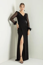 Lafaba Women's Black V-Neck Long Sleeve Evening Dress with Stones and Slit