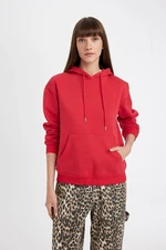 DEFACTO Relax Fit Hooded Kangaroo Pocket Thick Basic Plain Red Sweatshirt