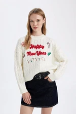 DEFACTO New Year Themed Crew Neck Hair Knitting Patterned Knitwear Sweater