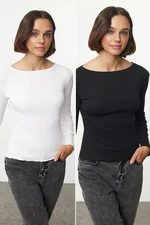 Trendyol Black-White Double Pack Slim/Fitting Regular Baby Overlock Detailed Knitted Blouse