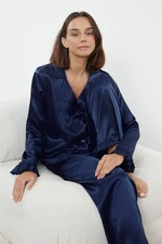 Trendyol Navy Blue Ruffle Detailed Satin Woven Pajama Set