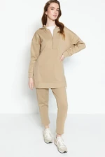 Trendyol Beige Front Zippered Soft Textured Scuba Oversize Knitted Tracksuit