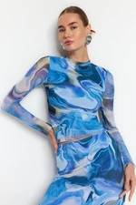 Trendyol Blue Patterned Draped Sheer Backless Fitted/Situated Tulle Knitted Blouse