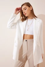 Happiness İstanbul Women's White Textured Linen Oversized Blazer Jacket