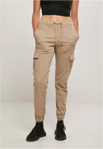 Women's comfortable high-waisted tracksuit bottoms made of soft taupe