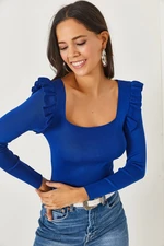 Olalook Saxe Blue Square Neck Frilly Knitwear Blouse