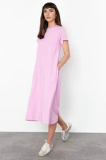 Trendyol Pink Plain T-shirt Dress Pocket Midi Knitted Dress