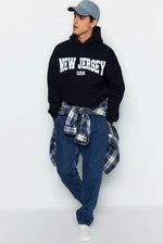 Trendyol Navy Blue Oversize/Wide Cut City Printed Cotton Fleece/Warm Sweatshirt