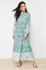 Trendyol Blue Ethnic Patterned Grand Collar Linen Look Woven Shirt Dress