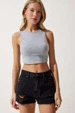 Happiness İstanbul Women's Gray Barbell Neck Crop Knitted Blouse