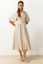 Trendyol Stone Belted Half Balloon Sleeve Linen Look Woven Shirt Dress