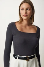 Happiness İstanbul Women's Anthracite Square Collar Corded Knitted Blouse