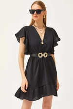 Olalook Women's Black Double Breasted Collar Sleeve Detailed Mini Flowy Dress