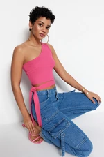 Trendyol Fuchsia One Shoulder Fitted/Body-Sitting Ribbed Detailed Knitted Blouse