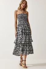 Happiness İstanbul Women's Black Floral Flounce Summer Viscose Dress