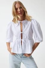 Happiness İstanbul Women's White Bow Balloon Sleeve Cotton Poplin Blouse