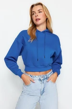 Trendyol Saks Thick Fleece Hooded Relaxed Cut Crop Basic Knitted Sweatshirt