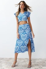 Trendyol Blue Patterned Slit Ribbed Flexible Knitted Blouse Skirt Top-Bottom Set