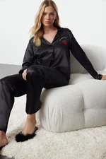 Trendyol Black Strawberry Embroidered Satin Woven Pajama Set