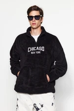 Trendyol Black Oversize/Wide Cut Zippered City Embroidered Fleece/Plush Sweatshirt