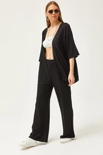 Olalook Women's Black Top Kimono Bottom Pants Set