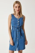 Happiness İstanbul Women's Dark Blue Belted Lycra Mini Denim Dress