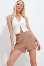 Trend Alaçatı Stili Women's Camel High Waist Hidden Zippered Front Buttoned Woven Shorts