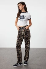 Trendyol Brown Leopard Patterned Straight Cut Woven Trousers