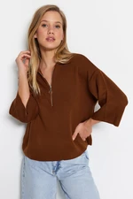 Trendyol Brown Wide Fit Zippered Basic Knitwear Sweater