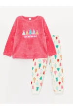 LC Waikiki Crew Neck Embroidered Long Sleeve Plush Girls Kids Pajamas Set