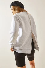 XHAN Gray Crew Neck Back Zipper Sweatshirt