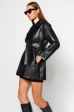 Trendyol Black Premium Oversize Wide-Cut Belted Plush Collar Detailed Faux Leather Coat