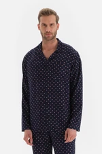 Dagi Navy Blue Shirt Collar Printed Long Sleeves Woven Top