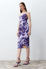 Trendyol Purple Printed Fitted Midi One Shoulder Stretchy Knitted Pencil Dress