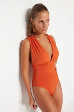 Trendyol Cinnamon Deep-Collecting Draped Regular Leg Swimsuit