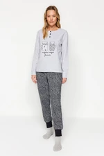 Trendyol Gray Slogan Detailed Tshirt-Jogger Knitted Pajamas Set