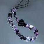 Purple Rose Red Mobile Phone Charm Strap Chain Lanyard Acrylic Cross Black Heart Glass Bead Jewelry Women Girl Wristlet Keychain