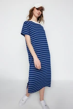 Trendyol Navy Blue Striped Shift/Plain Maxi Knit Dress with Slit Detail