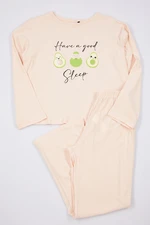 Trendyol Powder 100% Cotton Slogan and Avocado Printed Knitted Pajama Set