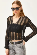 Olalook Women's Black V-Neck Stripe Openwork Seasonal Knitwear Blouse