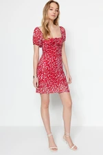 Trendyol Red Printed Square Collar Balloon Sleeves Knitted Mini Dress with Tulle Liner, Fitted