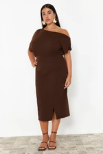 Trendyol Curve Brown One-Shoulder Midi Knitted Dress