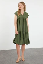 Trendyol Khaki Plain Wide Cut V-Neck Skirt Flounced Aerobin Woven Dress