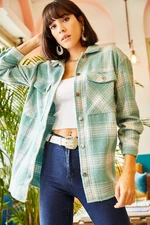 Olalook Women's Aqua Green Double Pocket Loose Plaid Cachet Shirt