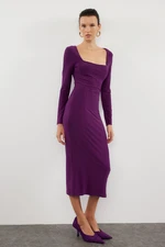 Trendyol Purple Straight Square Neck Fitted Flexible Midi Knitted Dress