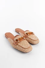 Capone Outfitters Straw Buckle Genuine Leather Women's Short Heeled Closed Women's Slippers