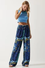 Happiness İstanbul Women's Navy Light Blue Patterned Draped Viscose Palazzo Trousers