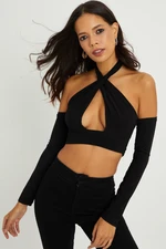 Cool & Sexy Women's Black Open Back Crop Blouse B1729