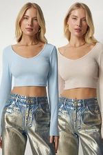 Happiness İstanbul Women's Biscuit Baby Blue V Neck 2 Pack Crop Blouse